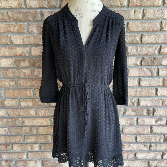 Madison Marcus Black Silk Blend Swiss Dot Textured Dress with Lace Detail. - Picture 1 of 8